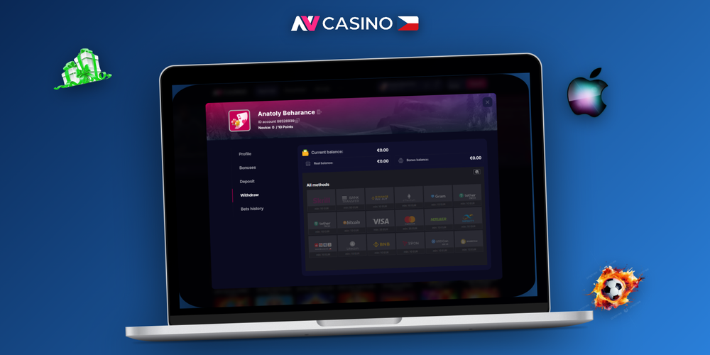 Rozhraní pokladny NV Casino pro výběr výher na notebooku i mobilním telefonu