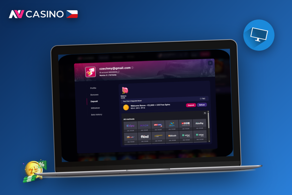 Mockup pokladny NV Casino s krokovým průvodcem minimálního vkladu na notebooku